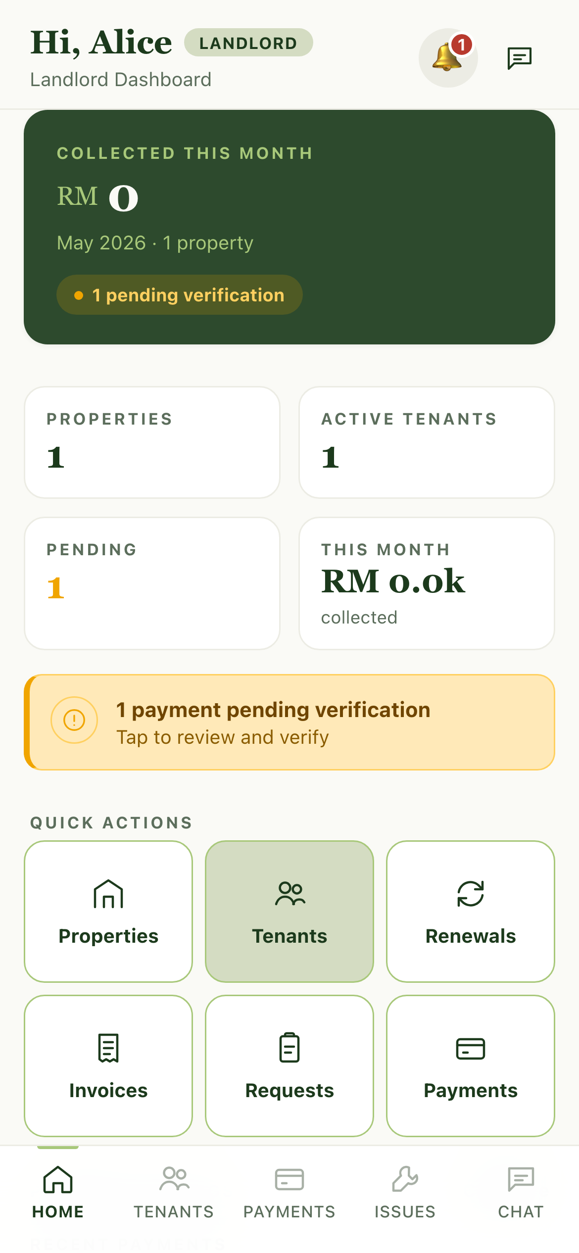 PropNotify landlord home screen on mobile: greeting line, overdue + verified metrics, units overview
