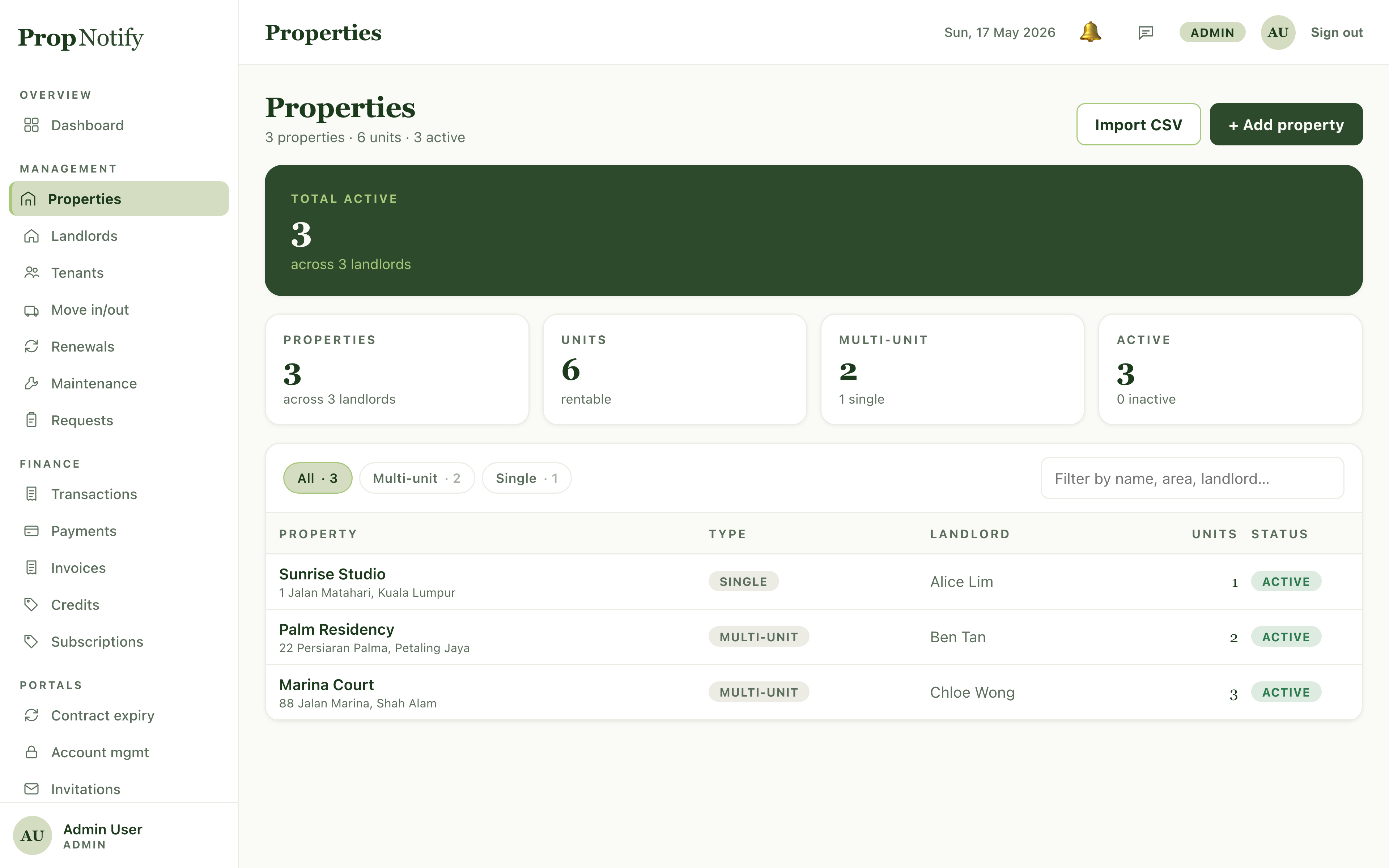PropNotify admin properties view on desktop: Sunrise Studio, Palm Residency, and Marina Court listed with their owners (Alice Lim, Ben Tan, Chloe Wong), units and active status, plus sidebar nav and portfolio metrics